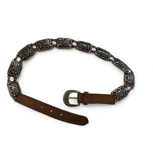 Vtg 1990  Silver Tone Medallion CONCHO Leather Belt Cowgirl Southwest Old West M